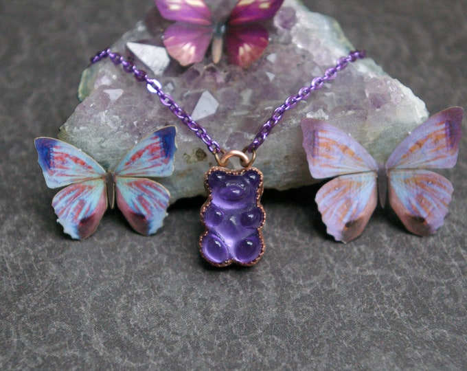 Grape Gummy Bear, Charm Necklace, Recycled Copper Setting, Purple Aluminum Chain