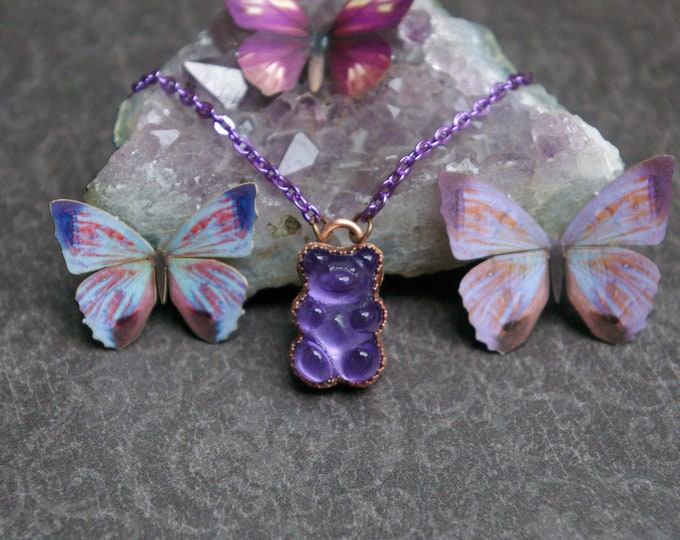 Grape Gummy Bear Necklace, Candy Charm, Recycled Copper Setting, Purple Aluminum Chain
