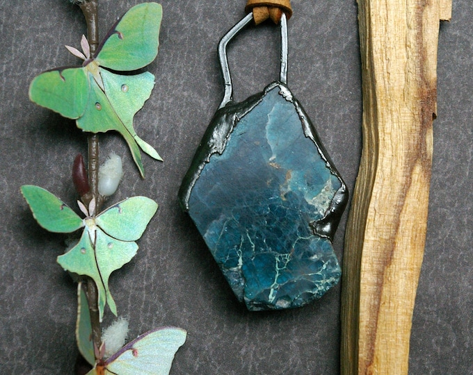 Apatite Slice in Recycled Copper, Gunmetal Finish, Earthy Pendant, Suede Cord