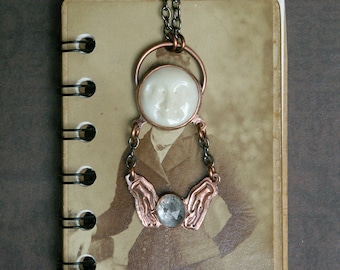 Moon Spirit Necklace, Hands Holding Stardust, Herkimer Diamond, Recycled Copper