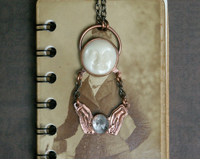 Moon Spirit Necklace, Hands Holding Stardust, Herkimer Diamond, Recycled Copper
