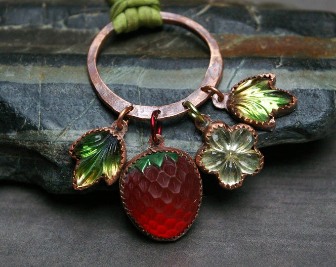 Strawberry Cottagecore Necklace, Hammered Copper, Vintage Glass, Knotted Silk