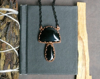 Obsidian Mushroom, Soldered Recycled Copper, Black Steel Chain