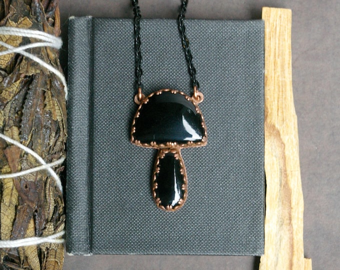 Obsidian Mushroom, Soldered Recycled Copper, Black Steel Chain