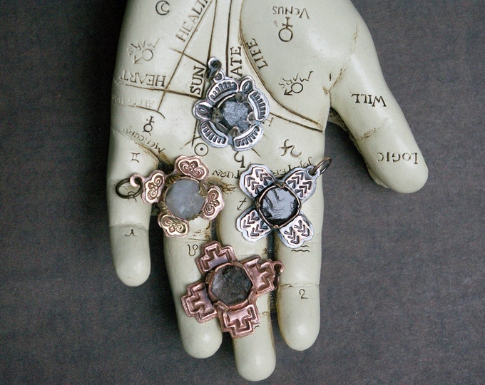 Raw Stone Mini Amulet, Witch's Charm, Elemental Talisman, Hand-stamped, Hand-cut