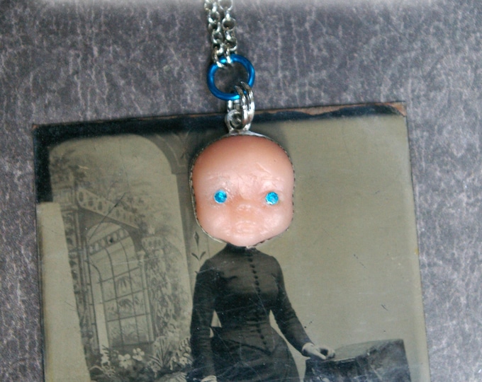 Baby Doll Pendant, Blue Gem Eyes, Polymer Clay on Stainless Steel Chain