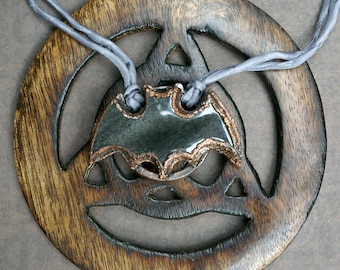 Bat Necklace, Silversheen Obsidian, Recycled Electroformed Copper, Silvertone Silk Cord