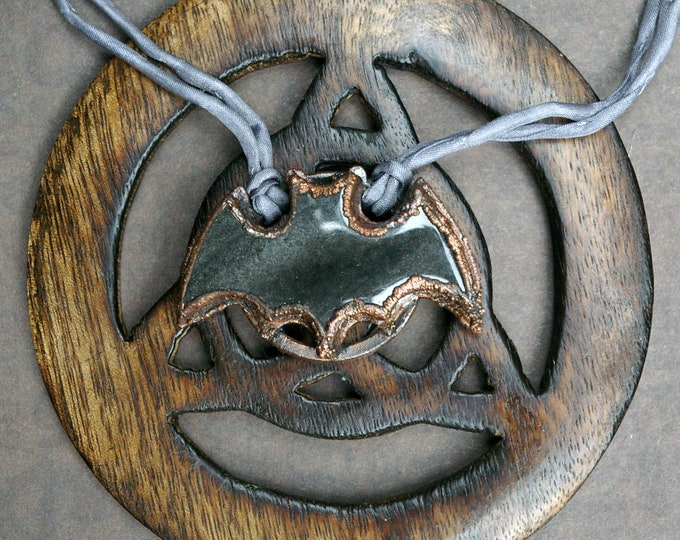 Bat Necklace, Silversheen Obsidian, Recycled Electroformed Copper, Silvertone Silk Cord