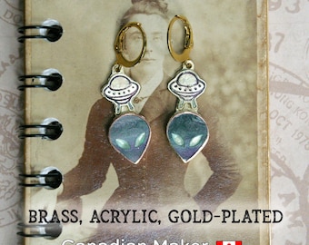 Alien Visitor Earrings, Acrylic & Hand-fabricated Brass, Gold-plated Stainless Steel