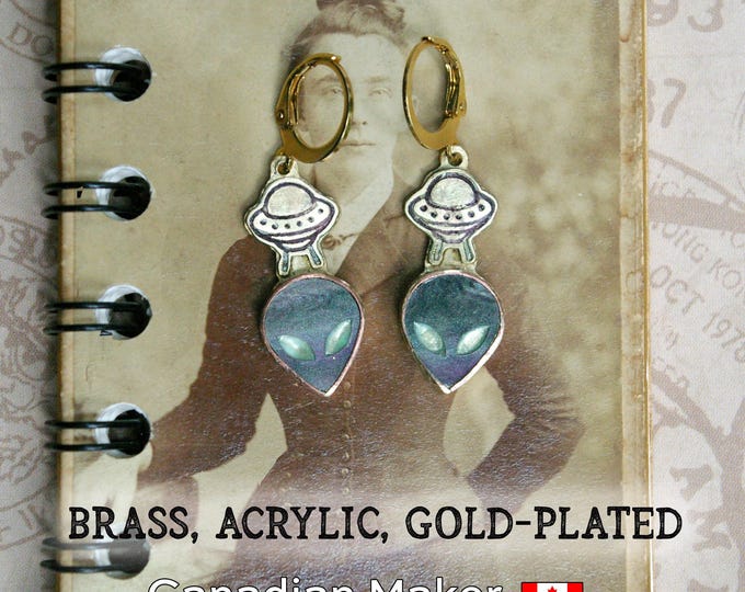 Alien Visitor Earrings, Acrylic & Hand-fabricated Brass, Gold-plated Stainless Steel