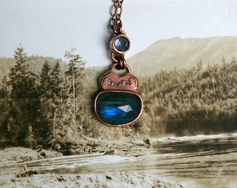 Summer Lake Island Pendant, Rose Cut Labradorite, Recycled Copper, Swarovski Crystal