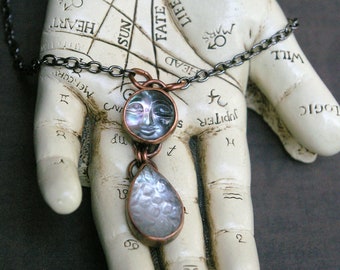 Whimsigoth Full Moon and Flower Drop Necklace, Antiqued Copper Setting, Carved Doublet Stones