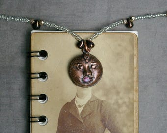 Oddity Art Necklace, Copper Moon, Coin-shaped Eyes, Gem Mouth, Vintage Seed Beads
