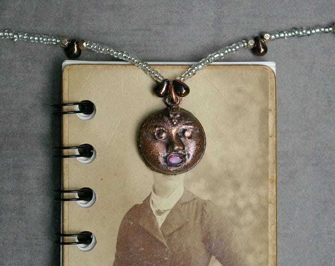Oddity Art Necklace, Copper Moon, Coin-shaped Eyes, Gem Mouth, Vintage Seed Beads