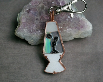 Lava Lamp Bag Charm, Retro Vibes, Layered Acrylic in Copper, Steel Carabiner