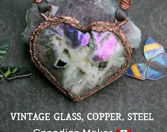 Druzy Heart Statement Necklace, Recycled Textured Copper, Satin Cord
