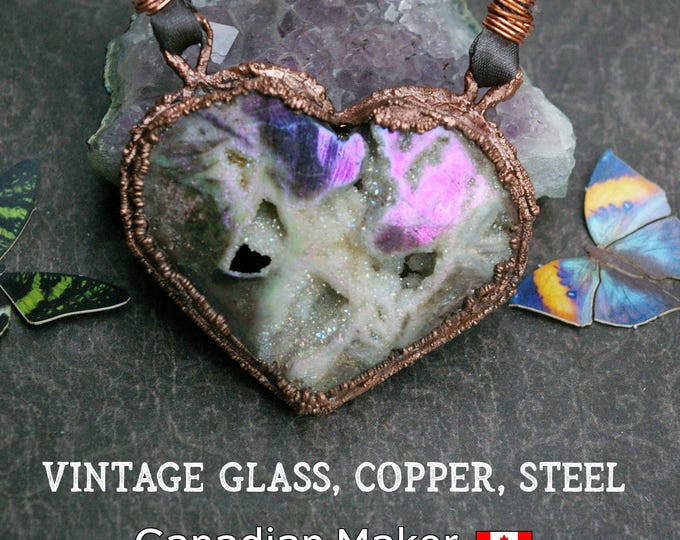 Druzy Heart Statement Necklace, Recycled Textured Copper, Satin Cord