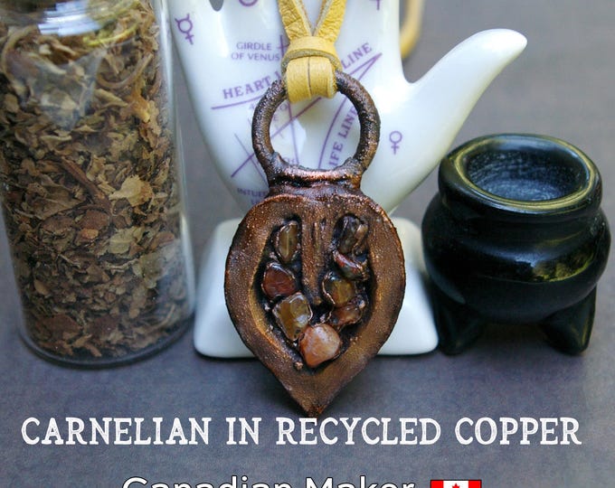 Carnelian in Walnut Pendant, Tinted Recycled Copper, Soft Tan Leather Cord