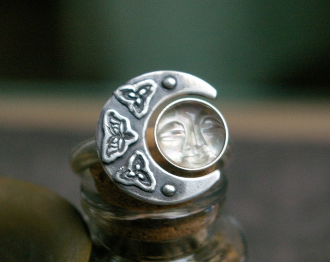 Witchy Ring, Celtic Triquetra, Double Moon, Carved Mother of Pearl and Crystal Doublet, Open Shank Design, Finished to Size