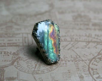 Flaming Coffin Ring, Light Green Pink Labradorite, Sterling Silver, Size 4