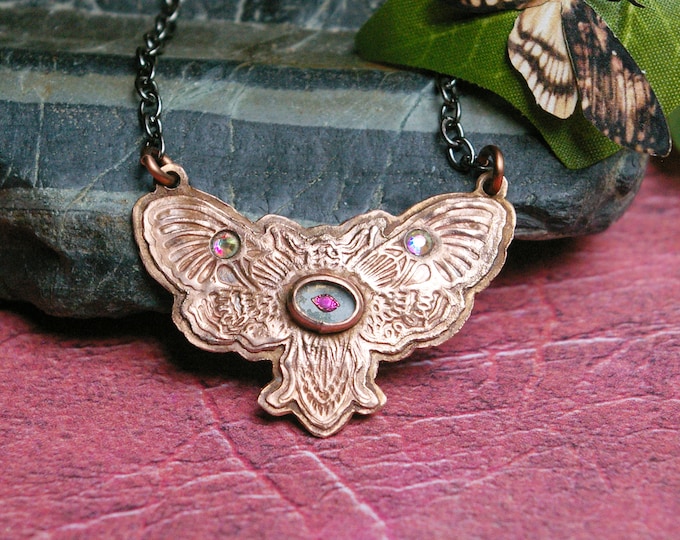 Moth Necklace, Recycled Copper, Vintage Eye, Hand-cut Pendant, Unisex Design
