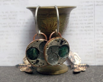 Upcycled Watch Plate Ear Hangers, Rose Cut Emeralds, Copper Setting, 14g Stainless Steel Hoops, Stretched Modified Ears