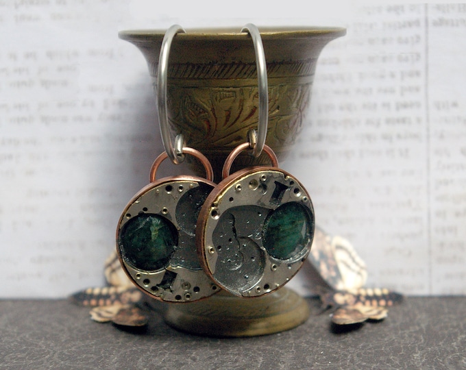 Upcycled Watch Plate Ear Hangers, Rose Cut Emeralds, Copper Setting, 14g Stainless Steel Hoops, Stretched Modified Ears