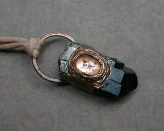 Smoky Quartz Scrying Pendant, Monad Symbol under Vintage Glass, Mystical Occult Necklace