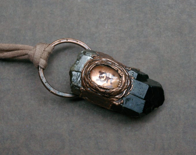 Smoky Quartz Scrying Pendant, Monad Symbol under Vintage Glass, Mystical Occult Necklace