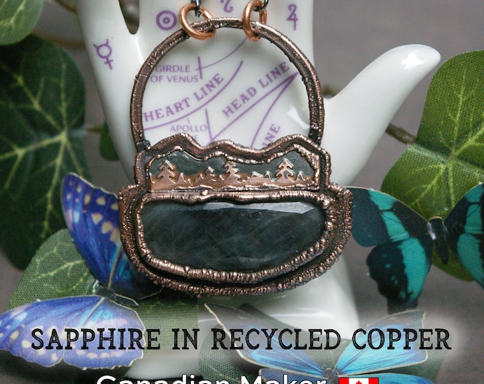 Copper & Sapphire Necklace, Forest with Grey Sky, Recycled Copper