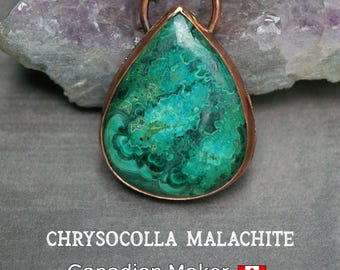Chrysocolla Malachite Pendant, Hand-fabricated Copper, Vintage Glass Accent