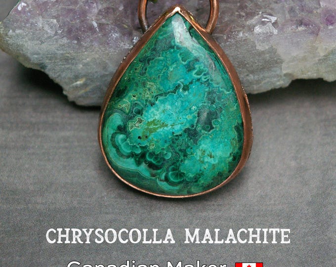 Chrysocolla Malachite Pendant, Hand-fabricated Copper, Vintage Glass Accent