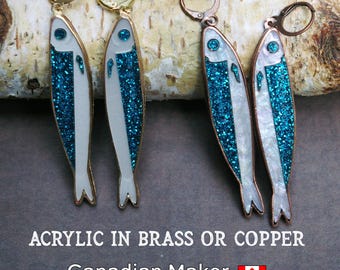 Sardine Earrings, Aqua Acrylic in Antiqued Copper or Brass