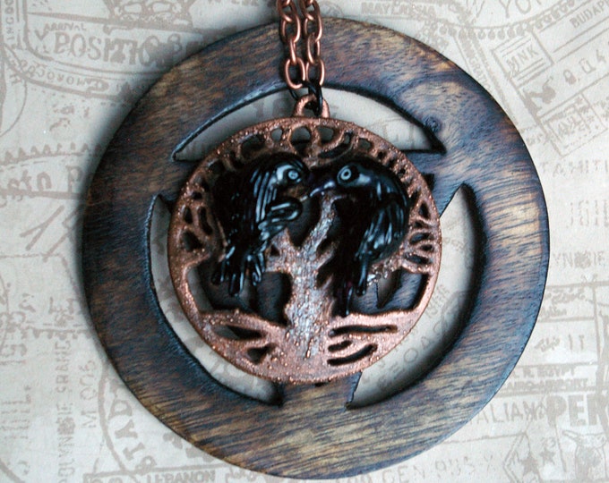 Raven Statement Pendant, Huginn & Muninn in Yggdrasil, Altar Accessory, Ritual Talisman