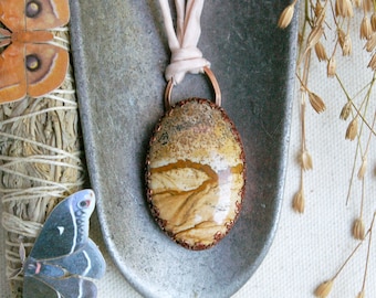Abstract Landscape Pendant, Death Valley, Picture Jasper, Copper Flames, Sand-colored Silk Cord