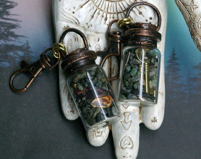 Witch Bottle Bag Charm, Recycled Copper Top, Raw Emeralds, Brass Key, Paper Moth