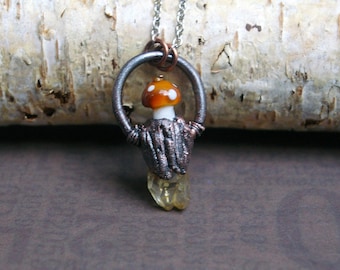 Mushroom Crystal Pendant, Recycled Copper, Aura Quartz, Fairy Forest Vibes