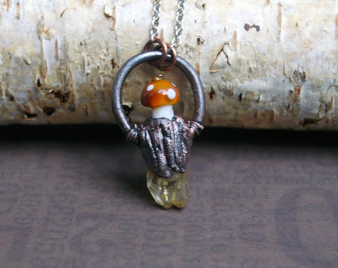 Mushroom Crystal Pendant, Recycled Copper, Aura Quartz, Fairy Forest Vibes