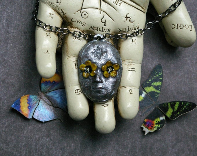 Creepy Necklace, Folk Horror Fans, Abstract Offering Mask, Glass Flower Eyes, Recycled Copper