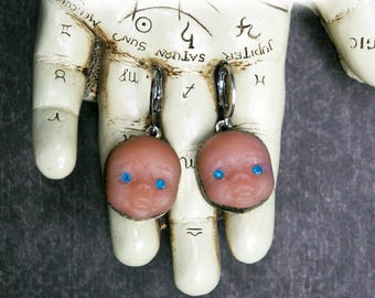 Retro Doll Earrings, Stainless Steel Leverbacks, Nickel Settings