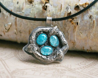 Nest Pendant, Cast Sterling Silver, Crackle Zirconia Eggs, Black Leather Cord