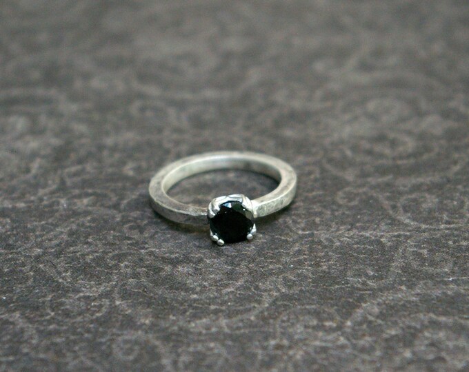 Goth Girl Ring, Black CZ Gem, Recycled Sterling Silver, Tulip Prong Setting, Hammered Band, Size 5 1/2