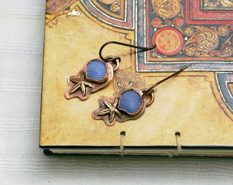 Seashell and Starfish Mermaid Earrings, Hypoallergenic Niobium, Vintage Glass, Copper and Brass Ocean Style