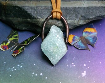Raw Aquamarine in Recycled Copper, Rustic Earthy Pendant, Suede Cord