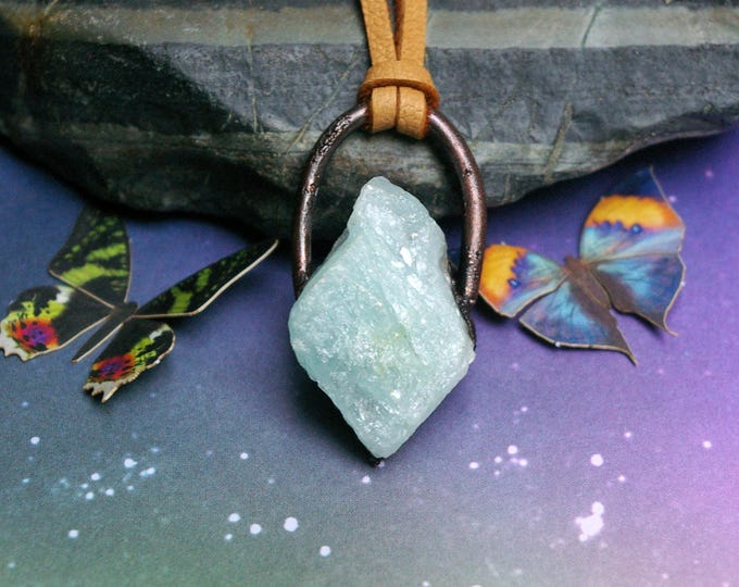 Raw Aquamarine in Recycled Copper, Rustic Earthy Pendant, Suede Cord