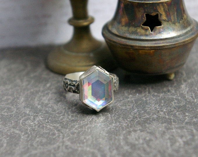 Recycled CD Ring, Step Cut Stone, Sterling Silver Setting, Size 6 1/2