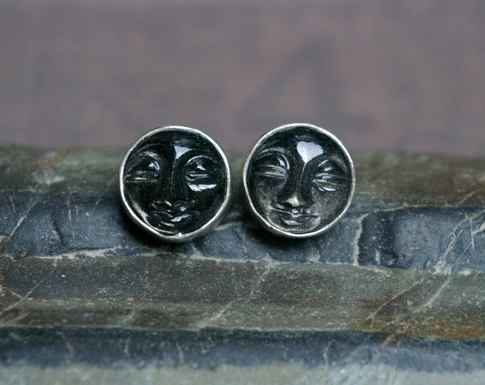 10g Silversheen Obsidian Studs, Carved Moonface Plugs, Sterling Silver, Modified Ears, Stretched Earlobes