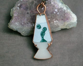Lava Lamp Necklace, Retro Vibes, Layered Acrylic in Copper, Gunmetal Chain