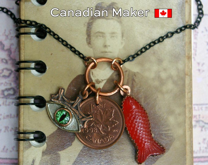 Charm Cluster Necklace, Handmade Copper Mini Pendants, Good Luck
