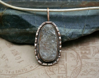 Cottagecore Jewelry, Druzy Pendant, Hammered Bronze Setting, Pearl Leather Cord